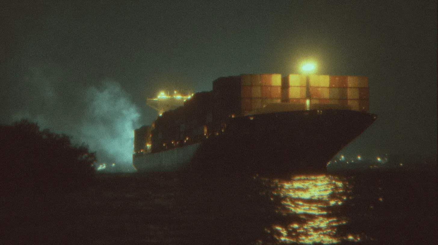 A container ship at night, deck lights reflecting on the water